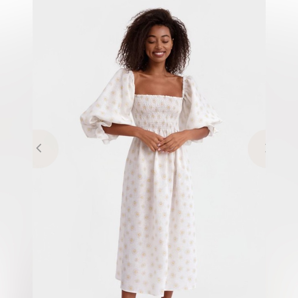 Sleeper Atlanta Linen Dress, size L, in White/Daisies